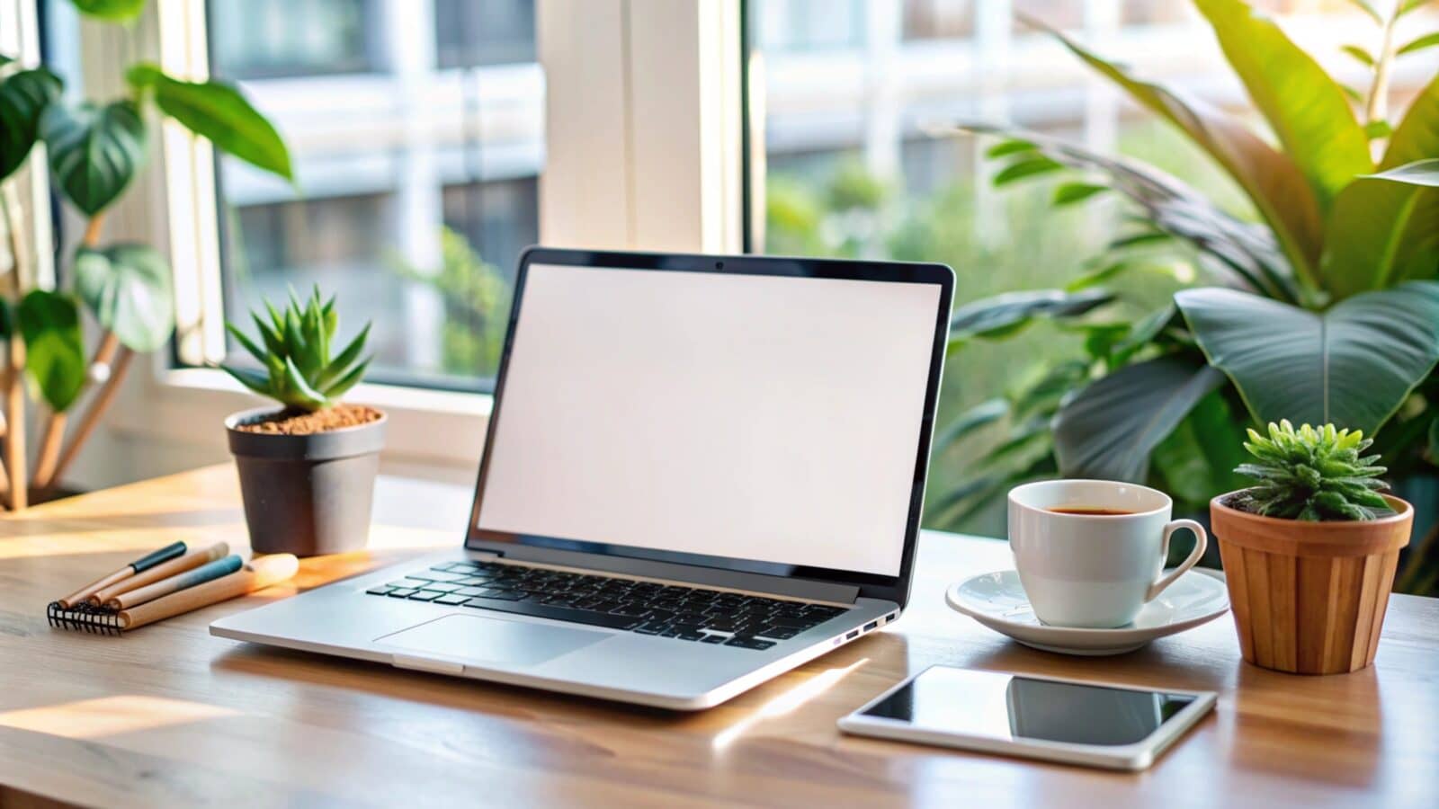 Ordinateur portable et tablette sur un bureau en bois en lumière naturelle, illustration de l'avis sur le logiciel de comptabilité lmnp.ai
