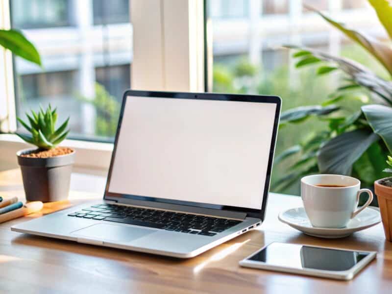 Ordinateur portable et tablette sur un bureau en bois en lumière naturelle, illustration de l'avis sur le logiciel de comptabilité lmnp.ai
