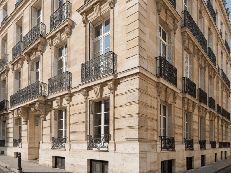 Façade d'immeuble haussmannien en pierre de taille avec balcons en fer forgé
