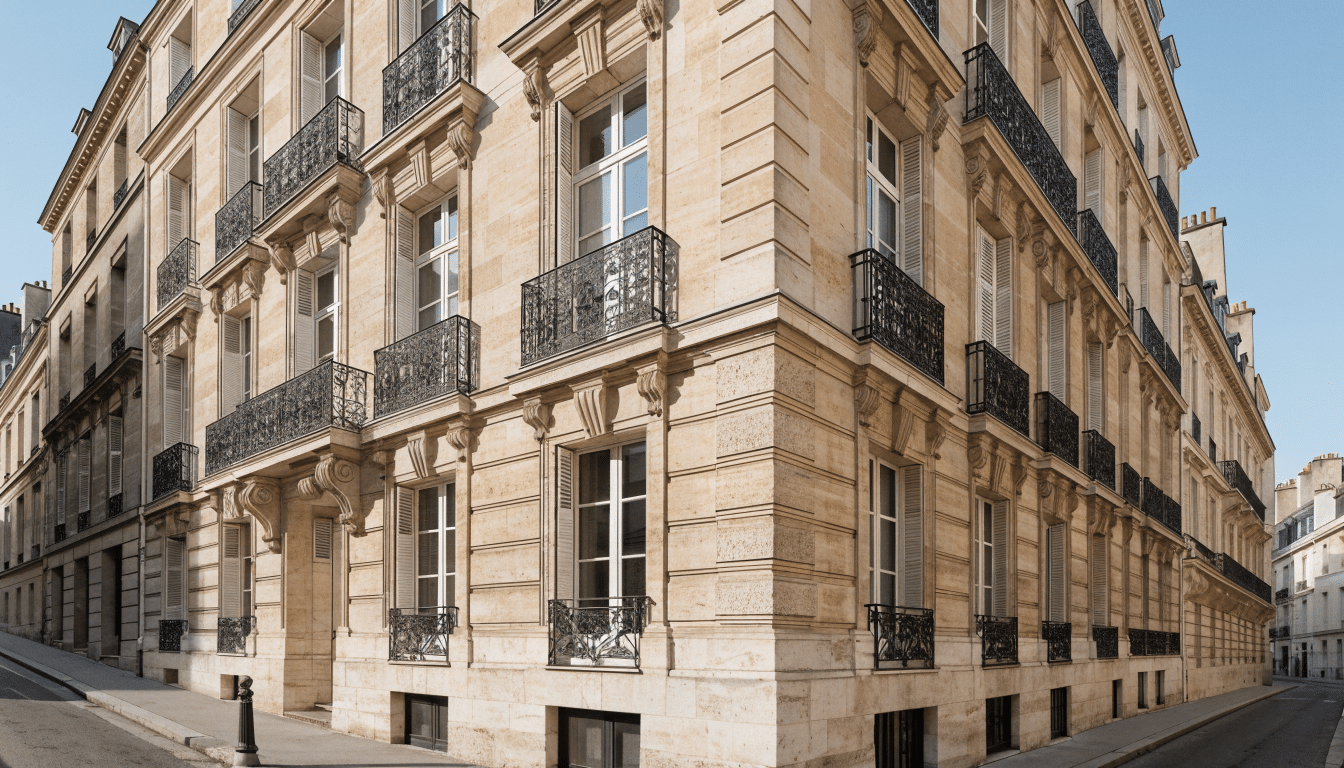 Façade d'immeuble haussmannien en pierre de taille avec balcons en fer forgé
