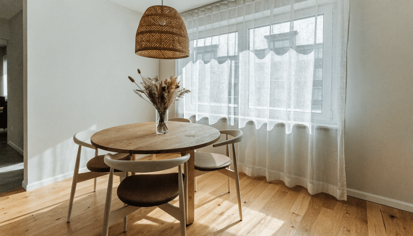 Coin repas lumineux avec table ronde en bois clair et suspension en rotin
