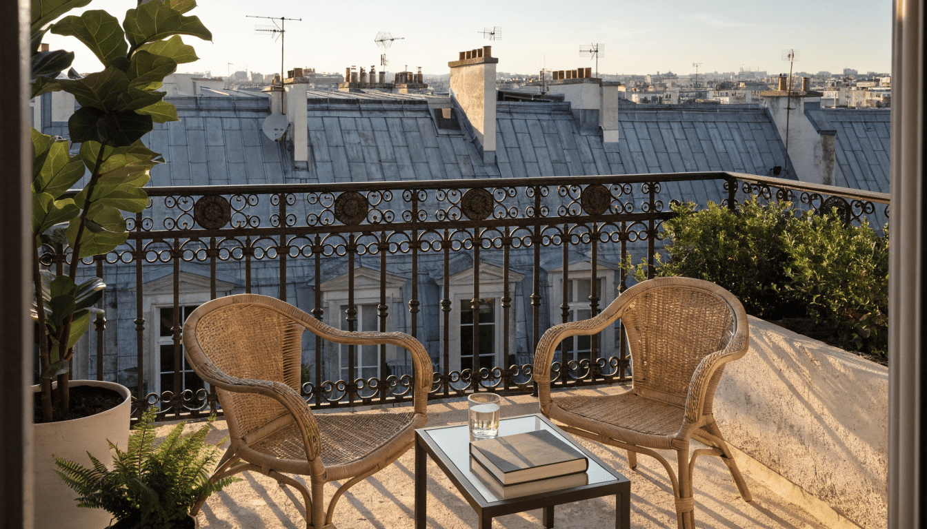 Balcon parisien avec fauteuils en rotin et vue sur les toits en zinc