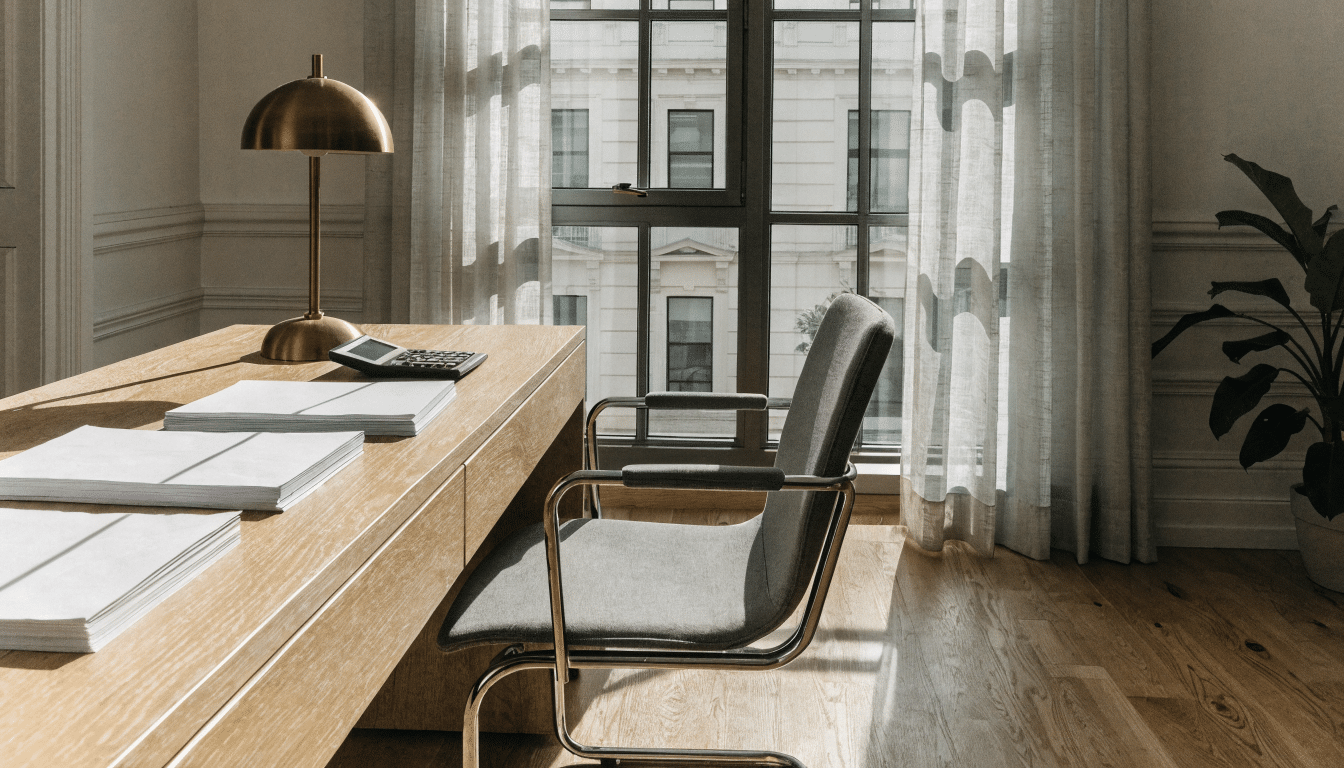 Coin bureau élégant dans un appartement meublé avec calculatrice et documents