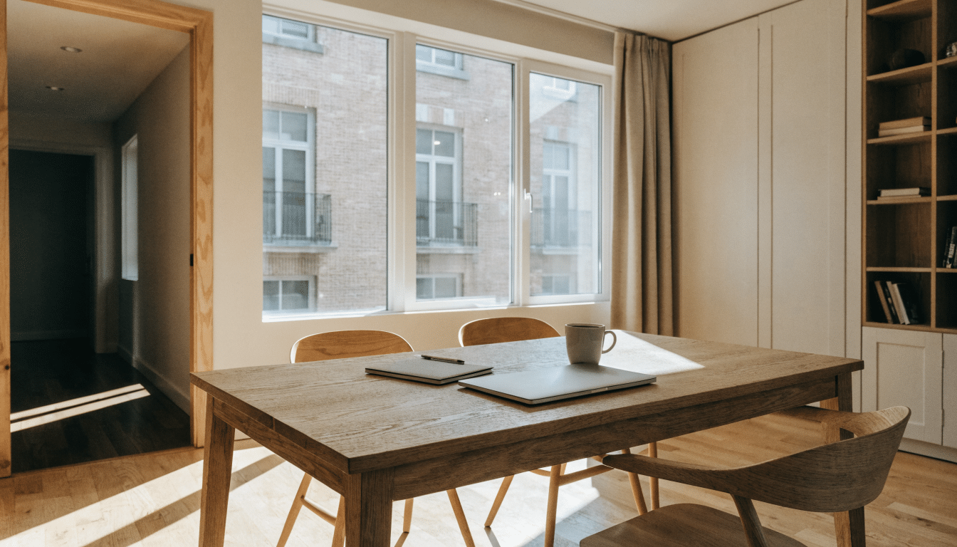 Table de salle à manger avec ordinateur portable et tasse de café dans un meublé lumineux