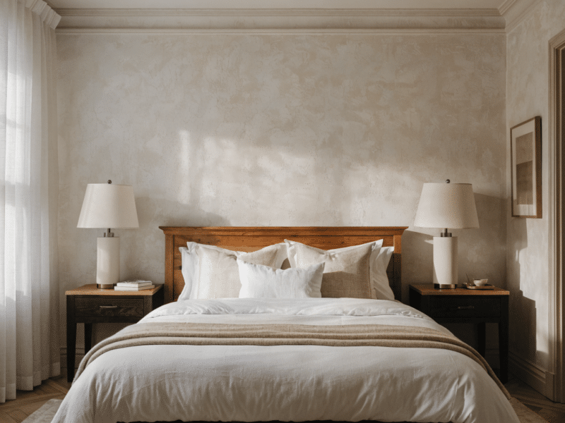 Chambre meublée impeccable avec lit fait au carré et linge blanc
