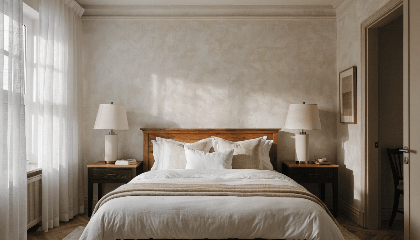 Chambre meublée impeccable avec lit fait au carré et linge blanc