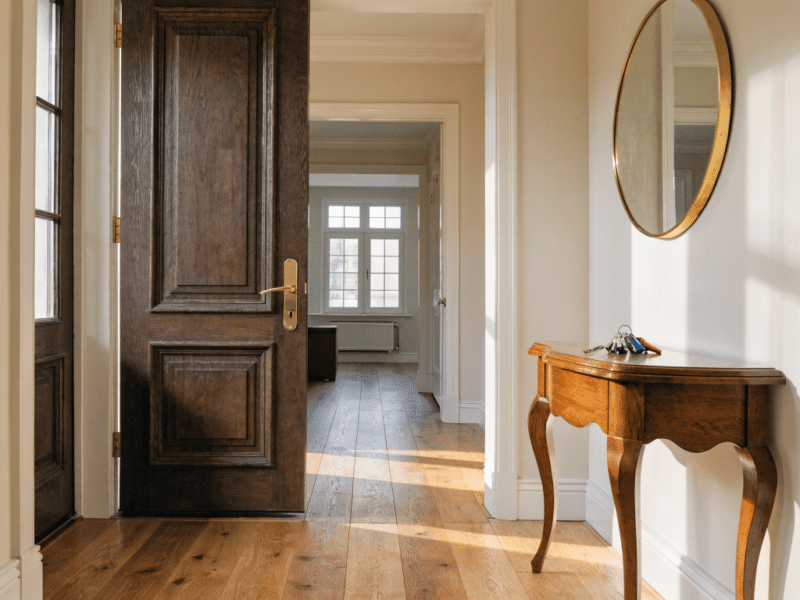 Entrée d'appartement élégante avec trousseau de clés posé sur une console en bois