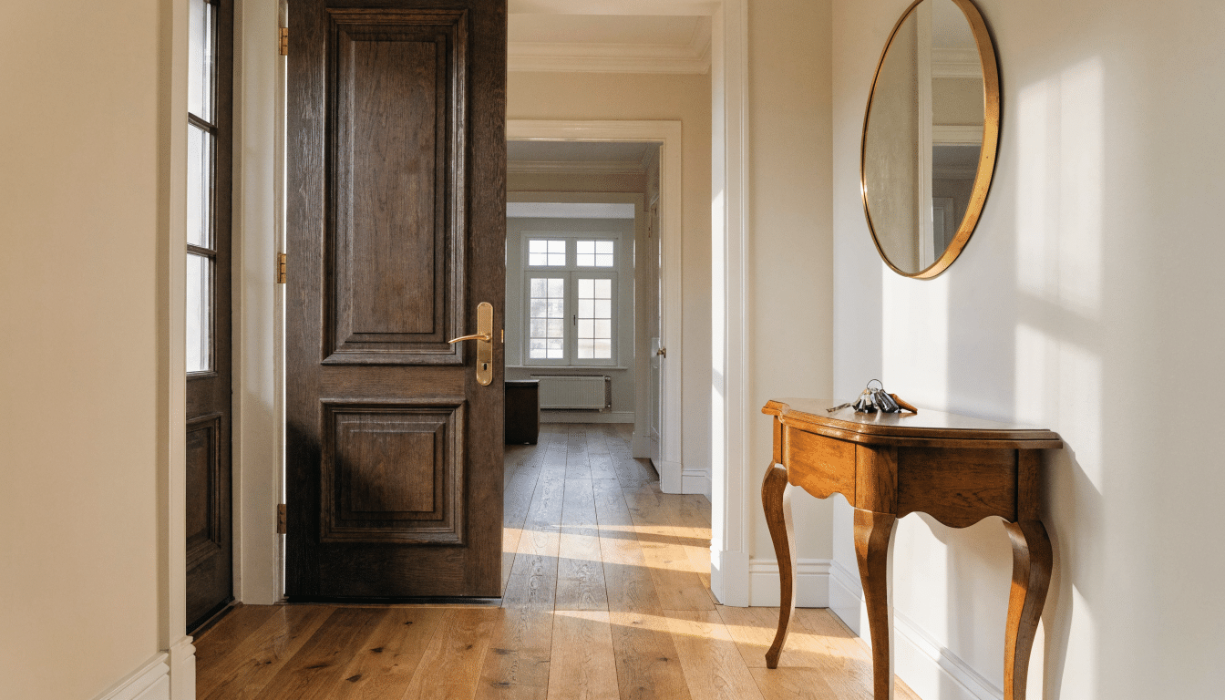 Entrée d'appartement élégante avec trousseau de clés posé sur une console en bois