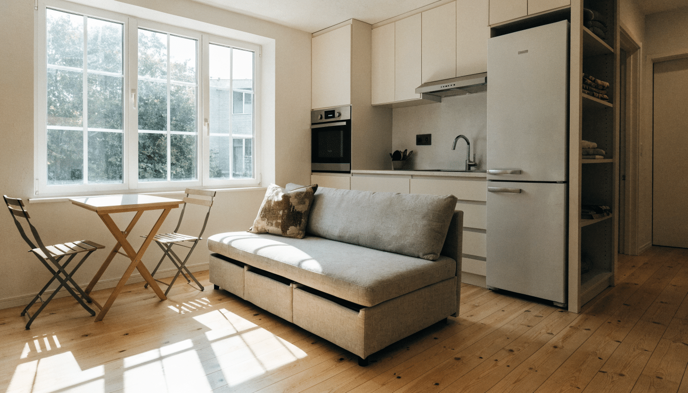 Studio meublé compact et optimisé avec canapé-lit et kitchenette équipée