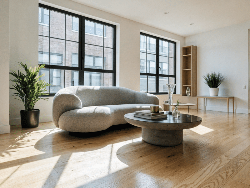 Salon d'un appartement meublé moderne et lumineux, style annonce immobilière