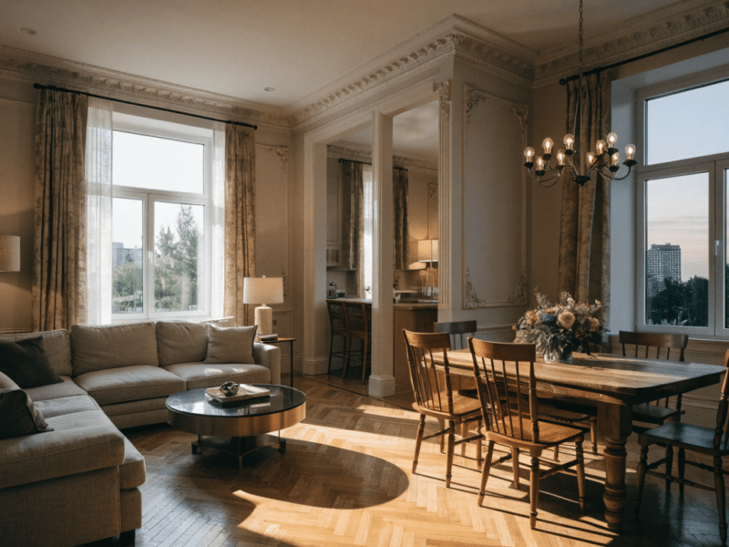 Grand séjour traversant meublé avec parquet point de Hongrie et moulures