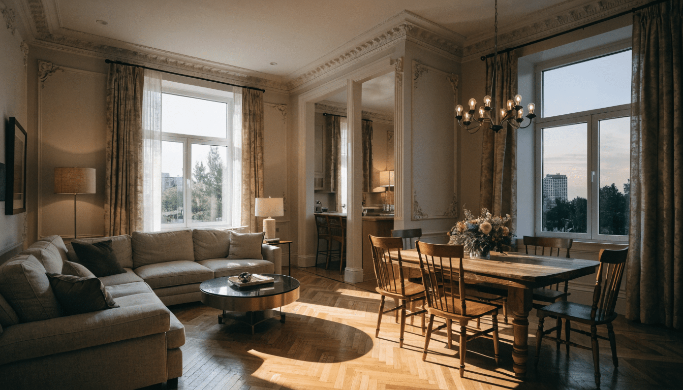 Grand séjour traversant meublé avec parquet point de Hongrie et moulures