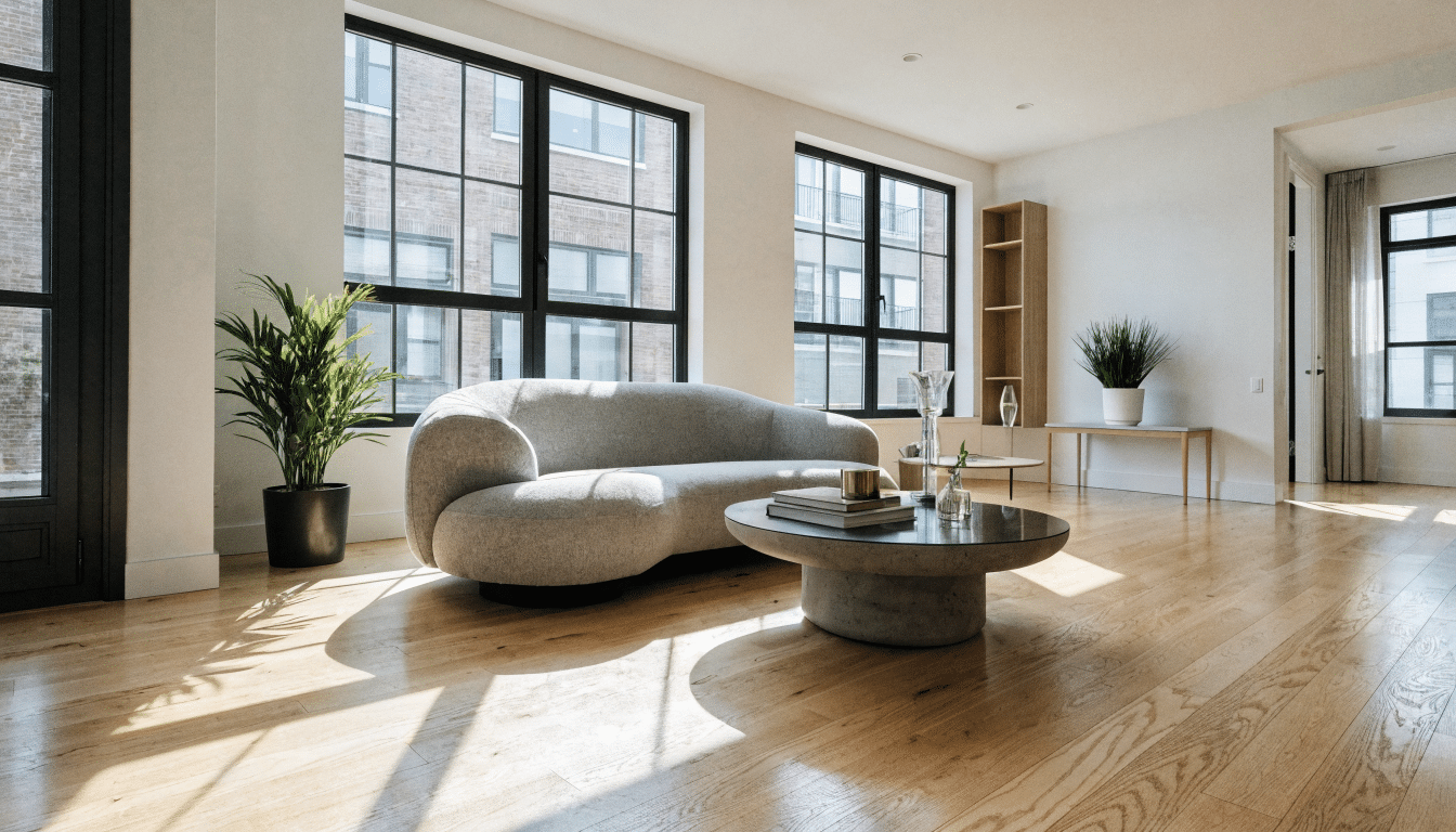Salon d'un appartement meublé moderne et lumineux, style annonce immobilière